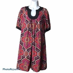 Shoshanna Pink Red Orange Paisley Midi Dress with Black Trim